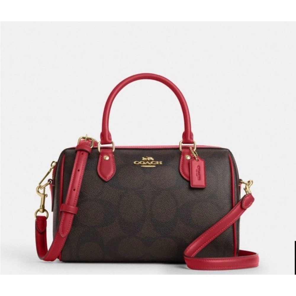 Coach Brown Signature Satchel with Red Trim and Strap